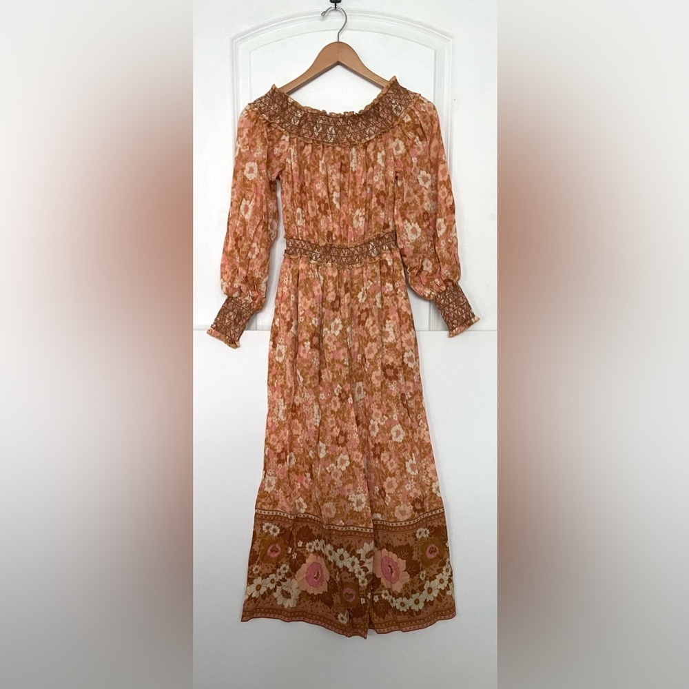 Spell Anne Smocked wide leg jumpsuit XS Peach antique floral off shoulder cotton - Picture 6 of 14